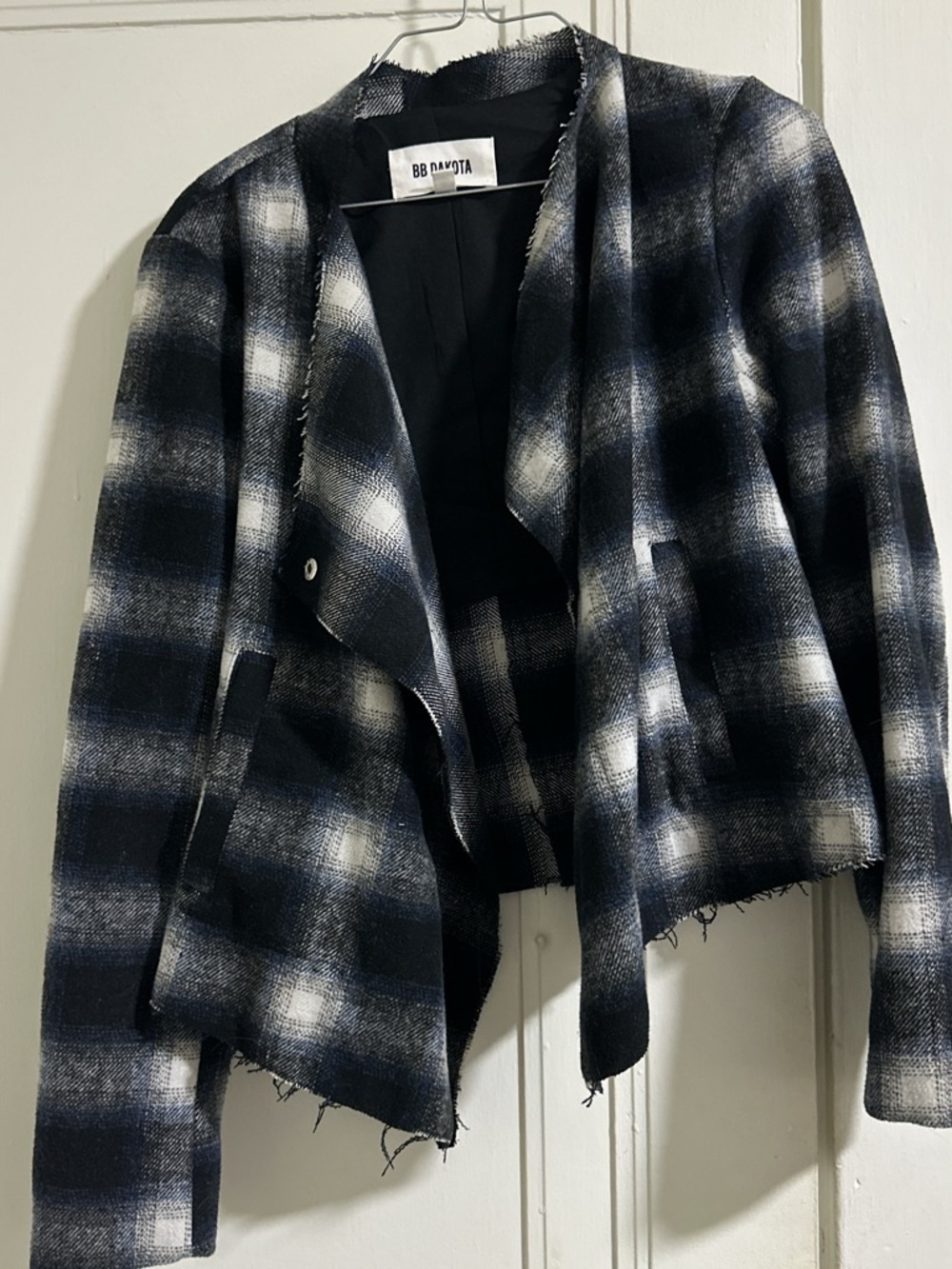 BB Dakota Navy and White Plaid Open Drape Blazer